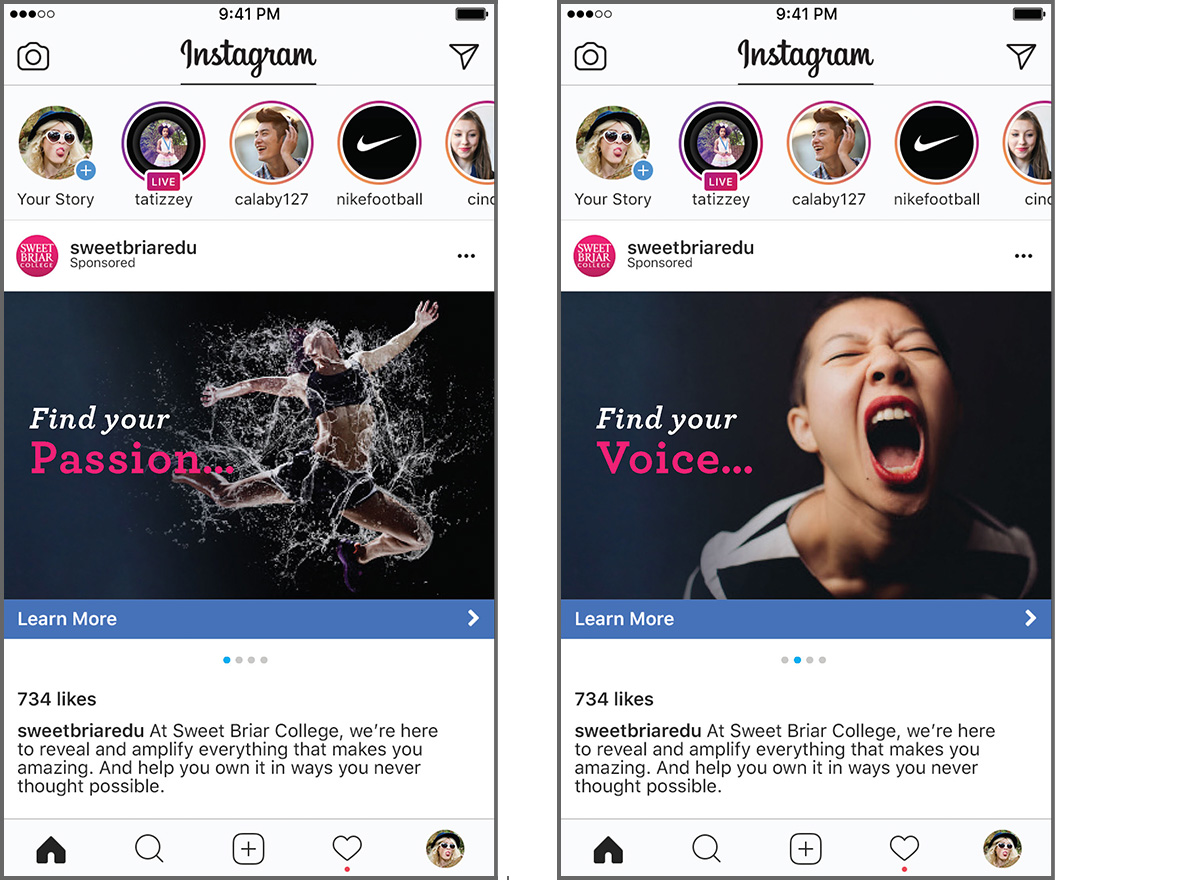 Instagram ads. Slogans are Find your passion and Find your voice.