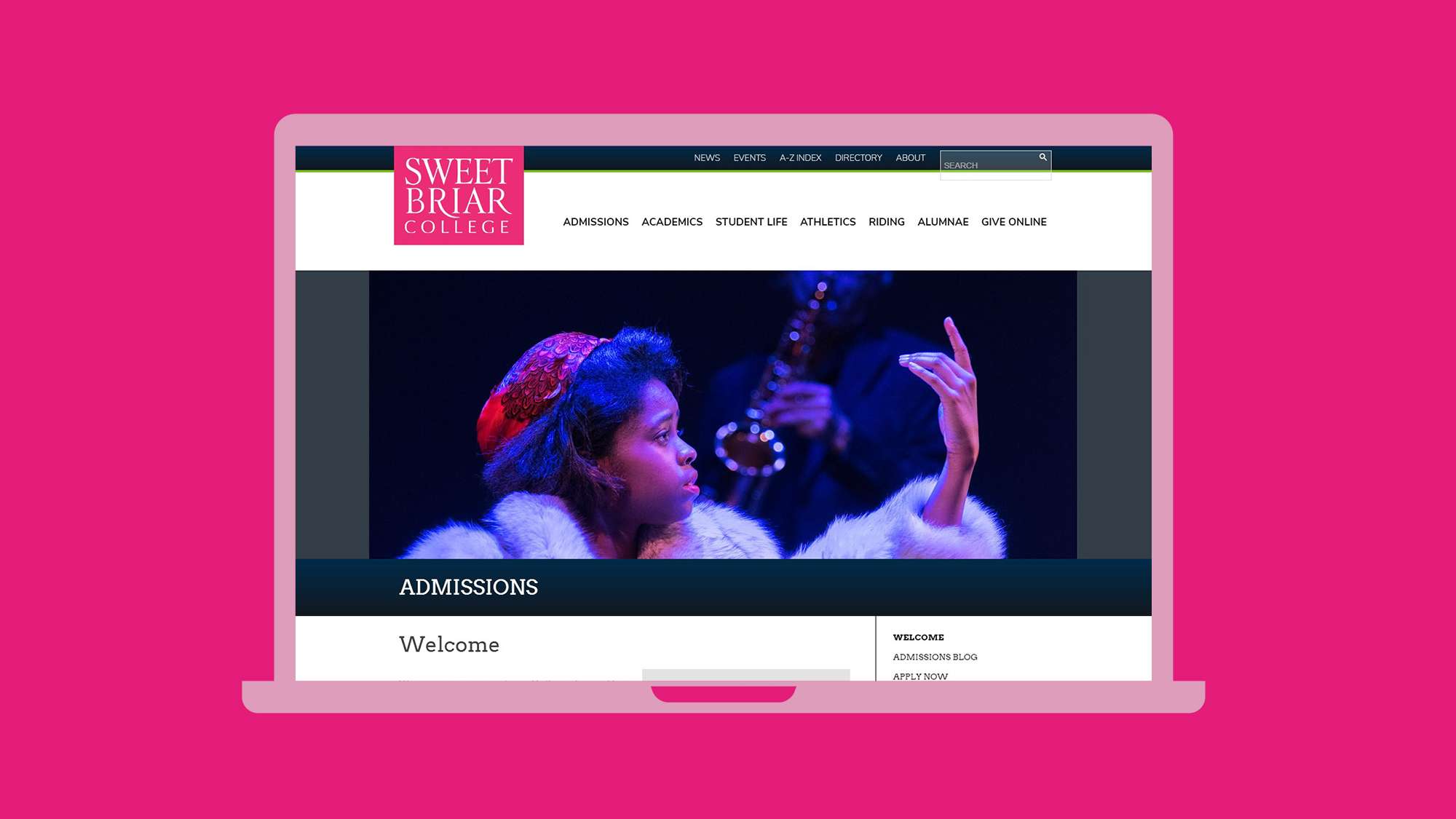 Sweet Briar website screenshot. Shows a black woman in fur acting or singing.