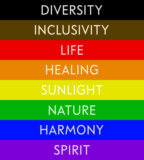 A chart showing the 8 colors of the pride flag, each color associated with one of these: Diversity, Inclusivity, Life, Healing, Sunlight, Nature, Harmony, and Spirit.